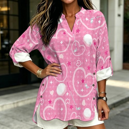 PENSTROLL Golf Heart Rosa Blusa de Manga Larga Efecto Lino con Cuello V para Mujer - Blusa Casual Cómoda