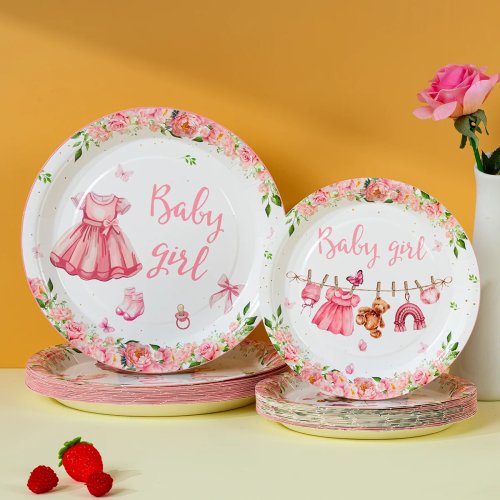 10/25/50 pièces Assiettes jetables en carton rose floral pour petite fille, vaisselle à thème mignonne pour déco de baby shower
