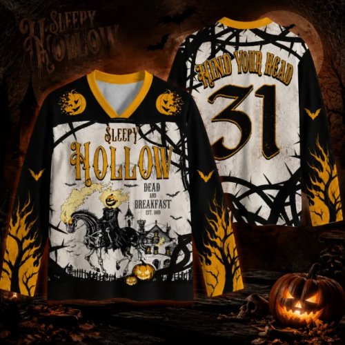 Maglia da hockey a maniche lunghe unisex Sleepy Hollow Cavaliere senza testa gotico Halloween zucca pipistrello stampa scollo V mesh street top