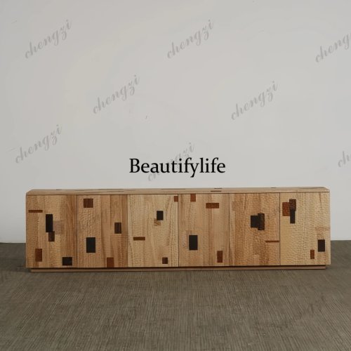 Medieval Style Modern Solid Wood Dining Side Cabinet Geometric Block Design Light Luxury Sideboard