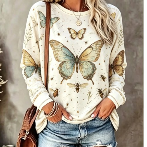 Playera de Manga Larga para Mujer con Estampado Vintage de Mariposa Abeja Hoja Botánica Cuello Redondo Casual Holgada