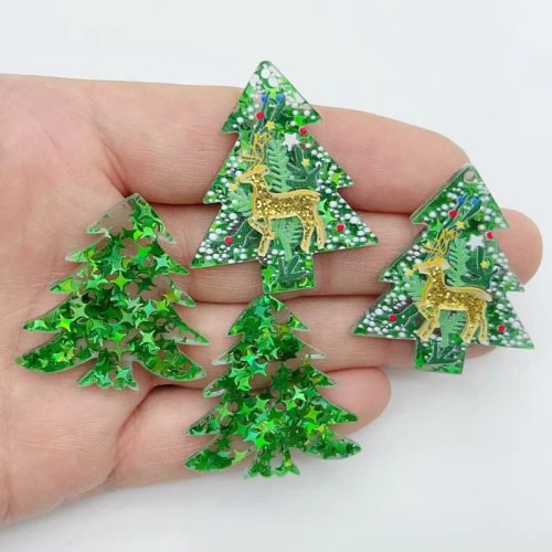 10 Stück Grüne Weihnachtsbaum Acryl Anhänger Goldener Elch Pailletten Charms Handgemachte Schmuckherstellung Zubehör