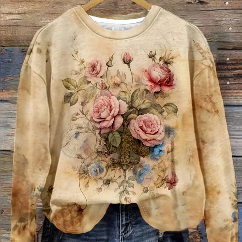 เสื้อยืดแขนยาวผู้หญิง – ลายช่อกุหลาบวินเทจบนพื้นหลังไทด์บายสีเบจ เสื้อฤดูหนาวสำหรับพักผ่อนและออกกำลังกาย