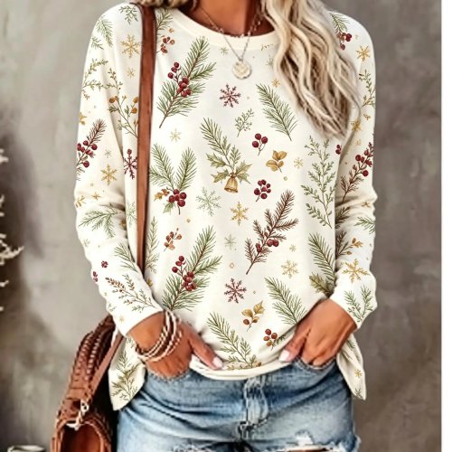 Damen Langarmshirt Weihnachten Allover-Print Stechpalme Tannenzweig Beere Schneeflocke Glocke Rundhals Freizeit Winter Oberteil