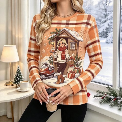 レディース クリスマス ラグラン 長袖 Tシャツ ボーダー レトロ サンタ プリント 柔らかい 快適 トップス 秋冬