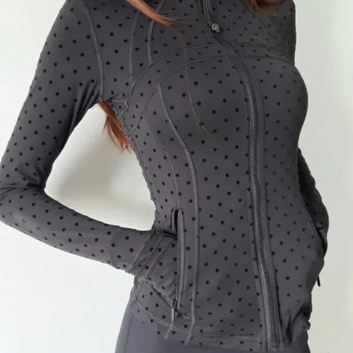 Zwarte jas met stippen en staande kraag – Slim-fit sportjack met lange mouwen, veelzijdige top voor fitness en yoga