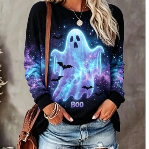 レディース ハロウィン 長袖Tシャツ 紫 光る ゴースト 稲妻 コウモリ プリント クルーネック トップス