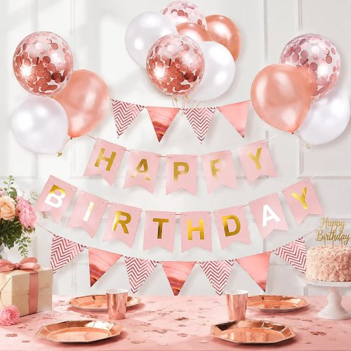 Zestaw Dekoracji na Urodziny Różowy i Różowe Złoto - Banner Happy Birthday, Balony, Konfetti, Girlanda - Akcesoria na Baby Shower i Wesele
