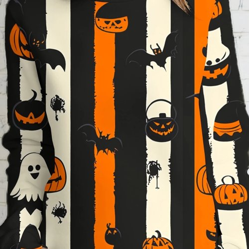 Playera de Halloween para Mujer Manga Larga Cuello Redondo Estampado Rayas Casual para Fiesta de Otoño