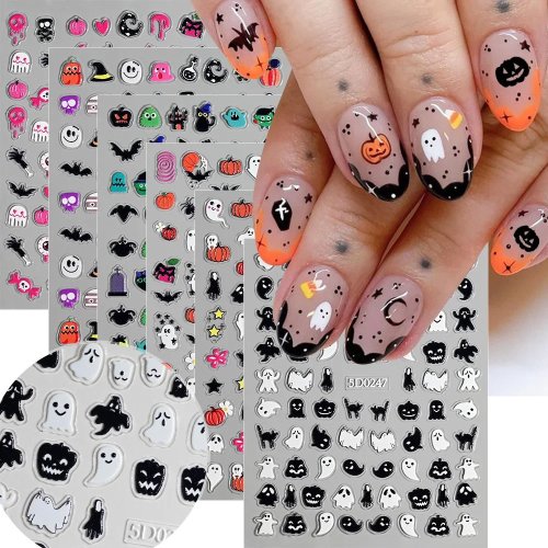 1 Feuille de Stickers Ongles Halloween 5D Motif Cartoon Rose/Vert/Noir Nail Art Slider DIY Décoration d'Ongles Mignonne pour Filles Sucrées et Cool
