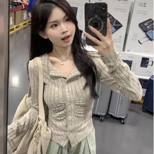 Kimutomo 2026 Damen Langarm-Top im koreanischen Stil, Kragen, Slim Fit, Raffungen, Herbst Neu Design Shirt