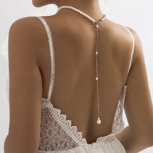 Vintage Elegant Simulated Pearl Clavicle Choker Necklace for Women Long Tassel Chain Pendant Wedding Jewelry Bikini Chest Chain