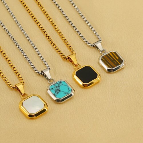 Collier Mode en Acier Inoxydable Chaîne Hip Hop Turquoise Carré pour Femme Homme Vente en Gros