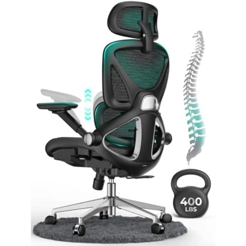 Cadeira de escritório ergonómica em malha preta, apoio lombar ajustável, braços 4D rebatíveis, capacidade 180 kg