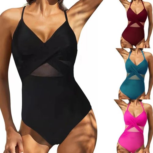 Bañador Tankini Mujer Color Liso Elástico Silueta Cruzada Panel de Malla Cintura Fruncida Escote V
