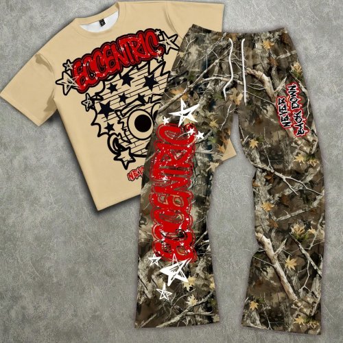 Manfinity Roughcore Herren 2-teiliges Set mit lockerem Kurzarm-T-Shirt mit Buchstaben- und Pentagramm-Print und Hose Camo