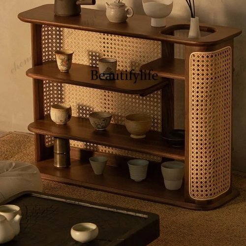 DD182 Espositore da tavolo in legno massello e rattan – mensola rialzata con divisorio, organizer da scrivania
