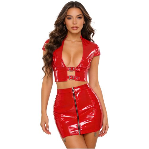 Set lingerie in similpelle PU effetto bagnato da donna - Abbigliamento da club con cutout, fibbie regolabili, crop top e minigonna con reggicalze, intimo notte