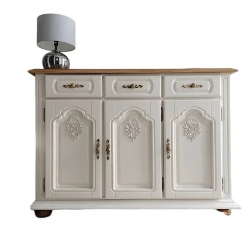 French Retro White Solid Wood Shoe Cabinet – American Carved 3-Door Entryway Storage Cabinet, Cream Style
