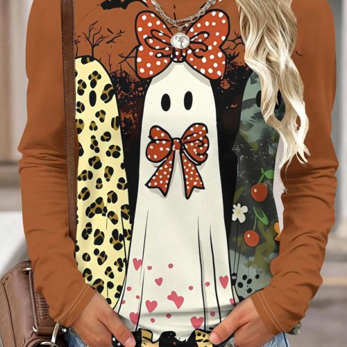 Camicia a maniche lunghe donna Halloween - Fantasma Fiocco Stampa Leopardo Collo Rotondo Raglan Casual Autunno Feste