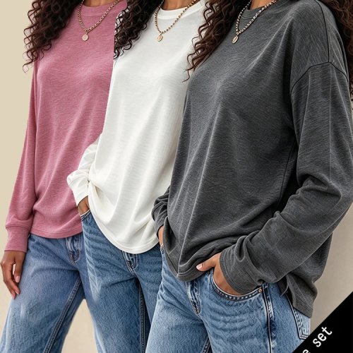 Paket 3 Pcs Kaos Lengan Panjang Crew Neck Wanita