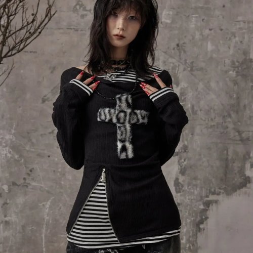 HANYAYA 2026 Harajuku 2000er American Zweilagiger Look Top Slim Fit Punk Buchstaben Druck Strick Langarm Spicy Girl T-Shirts