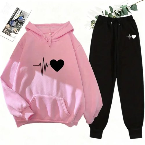 Conjunto de 2 Piezas para Mujer Sudadera y Pants de Chándal - Casual Deportivo Estilo Callejero Otoño Invierno Loungewear con Estampado de Corazón, Sudadera Chándal