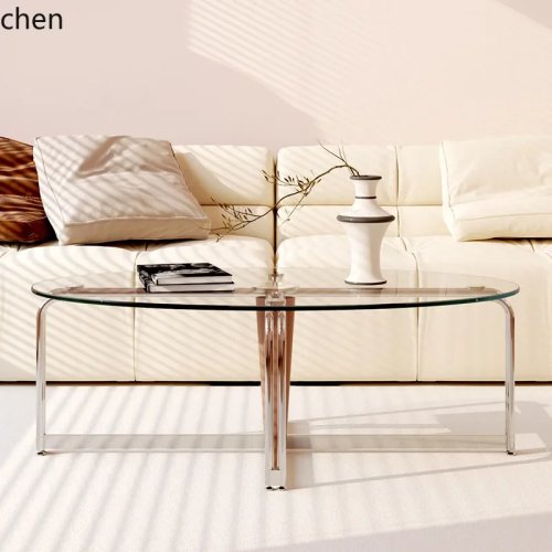 Table Basse Ovale Vintage en Acier Inoxydable et Bois Massif avec Verre, Table Basse Simple pour Salon