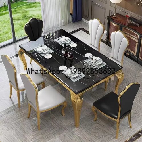 H5.15 Mesa de Comedor Rectangular de Mármol y Acero Inoxidable con Sillas para Hogar