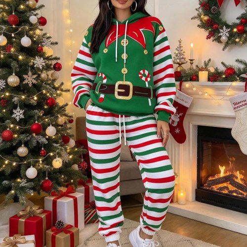 レディース クリスマス パーカー スウェット セットアップ - ボーダー 長袖 トップス & スウェットパンツ、かわいい 漫画 プリント カジュアル トラックスーツ