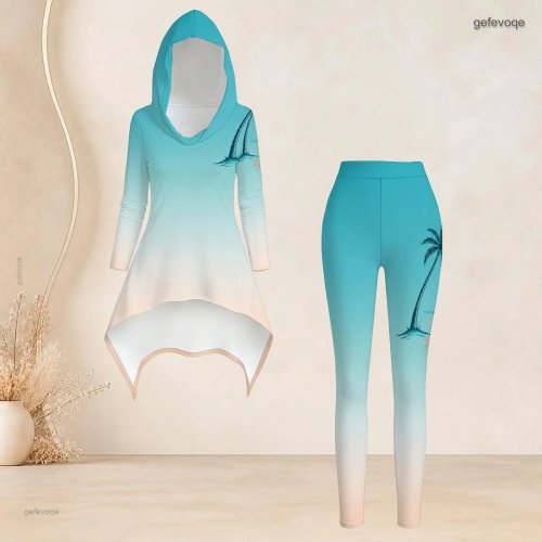 Ensemble 2 pièces pour femme : top imprimé à capuche à manches longues high low et leggings ajustés dégradés
