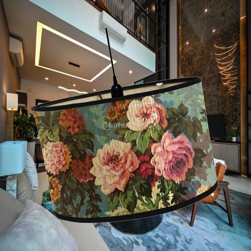 Pantalla de Lámpara de Tambor de Bambú Retro, Tamaño Mediano, Estampado Floral, para Lámpara de Mesa y de Piso, E2