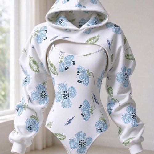 Dames 2-delige set minimalistisch bloemenpatroon: korte bolero met capuchon en bodysuit