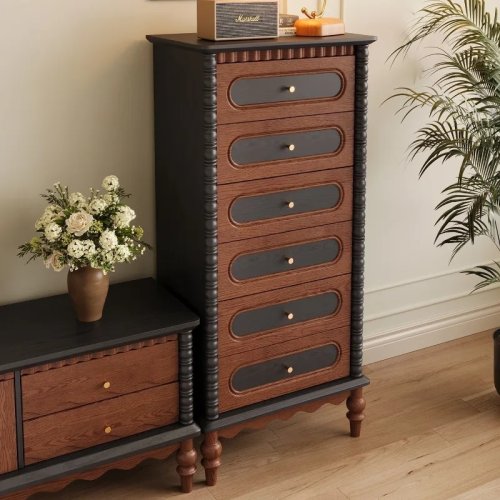 Ladekast van massief hout in Franse middeleeuwse stijl, Franse retro ladekast met zes laden