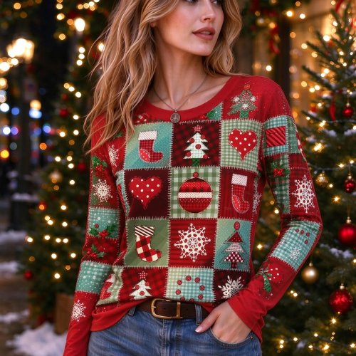 Women's Christmas Snowflake Print Long Sleeve Round Neck T-Shirt Casual Party Top