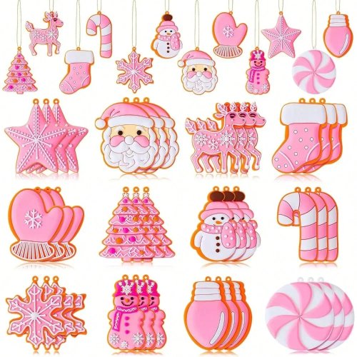 Décorations de sapin de Noël en silicone rose – boules colorées menthe, pain d'épices et flocon de neige, suspension pour fêtes de Noël