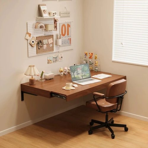 Escritorio flotante nórdico de madera maciza, moderno retráctil de pared para computadora, muebles de recámara