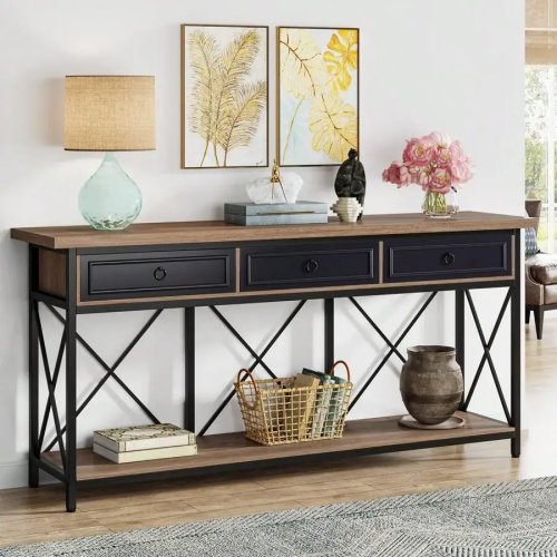Farmhouse Console Table with 3 Drawers & Storage Shelf – Narrow Entryway Sofa Table for Hallway, Foyer