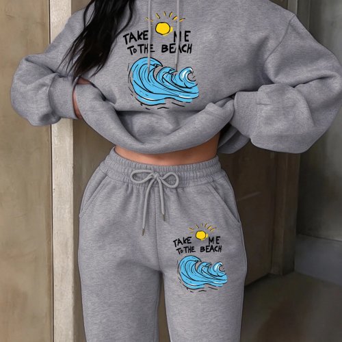 Damen Fleece-Hoodie- und Jogginghosen-Set mit „Take Me To The Beach“-Print – Korean Streetwear