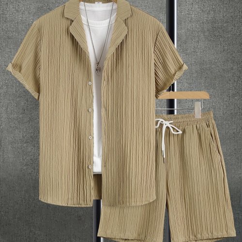 Conjunto 2 piezas hombre camisa cuello cubano texturizada color caqui y short con cintura elástica – outfit plisado para oficina/traslados