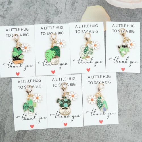 7-teiliges Schlüsselanhänger-Set mit Blumentopf-Motiv, inkl. Dankeskarte & Taschenhänger, modisches Accessoire für Damen