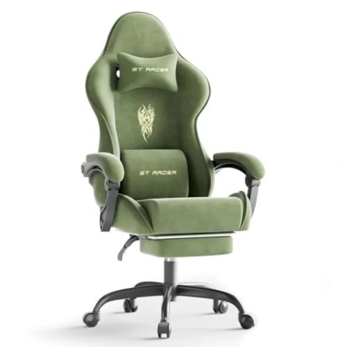 Ghế gaming vải nhung cho người lớn, ghế chơi game công thái học tựa cao có gác chân, gối tựa lưng massage và ngả racing