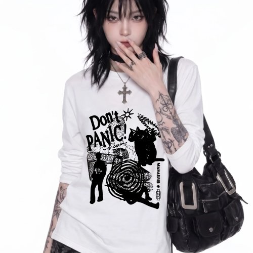 Y2K Black Cat Shadow Print Long-Sleeve T-Shirt – Loose Slimming Casual Top