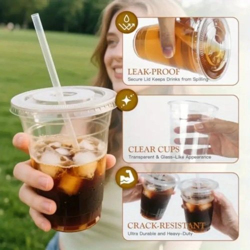 500 ml transparante plastic beker met deksel en rietje, herbruikbare platte beker - ideaal voor feestdagen, verjaardagsfeestjes en familiefeesten