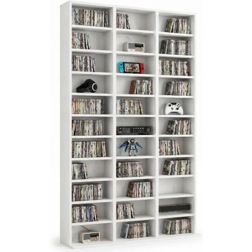 11-Tier Tall Display Cabinet for Living Room, White MDF Finish, Adjustable Shelves, Space-Saving Design