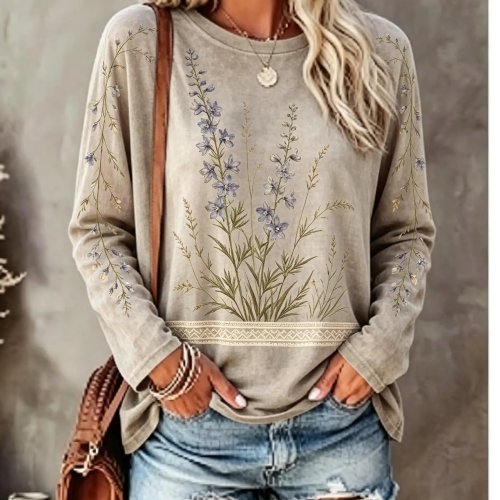 T-shirt de manga comprida para mulher estampado floral vintage flores silvestres decote redondo casual boho outono