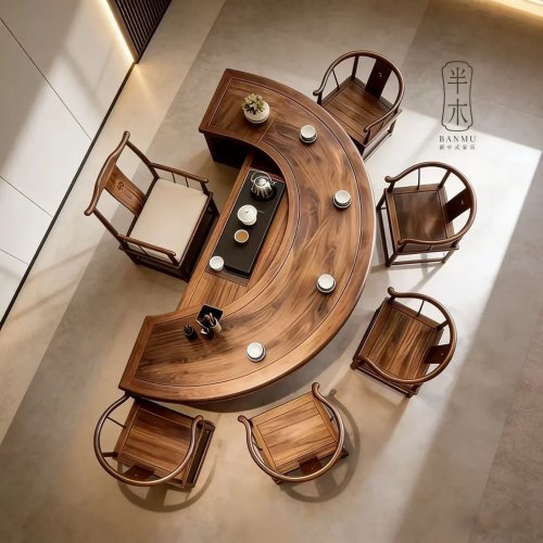B11-7.2 New Chinese Style Half-Round Tea Table Set, Black Walnut High-End Solid Wood Tea Table Office Furniture
