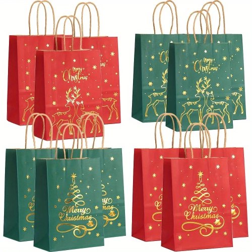 Set 3/12 Sacchetti Regalo di Natale, Stampa Albero Dorato, Rosso Verde Bordo Metallizzato, Sacchetti con Manico