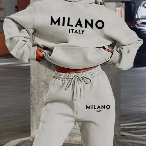 Conjunto de Sweatshirt com Capuz para Mulher MILANO com Estampa de Letras, Roupa Hip Hop Street, Casual 2 Peças, Sweatshirt de Felpa, Perfeito para Exterior