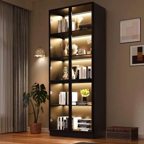 Vetrina in Legno con Anta in Vetro, Luci LED, Espositore per Collezioni, Profumi, Vinili, Libreria per la Casa